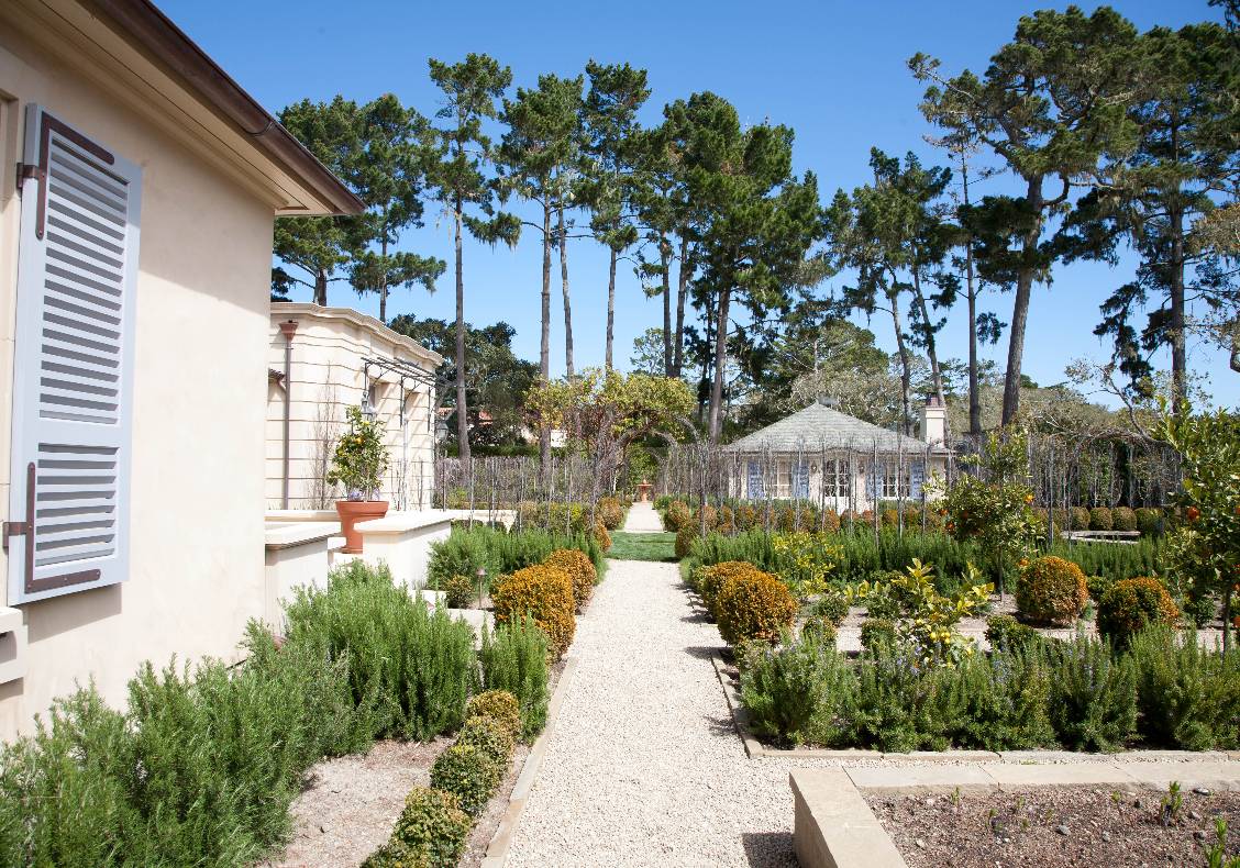 To the north, an oval clearing and other curves accommodate a boules court and clusters of existing trees.  Mediterranean plantings soften transitions throughout.