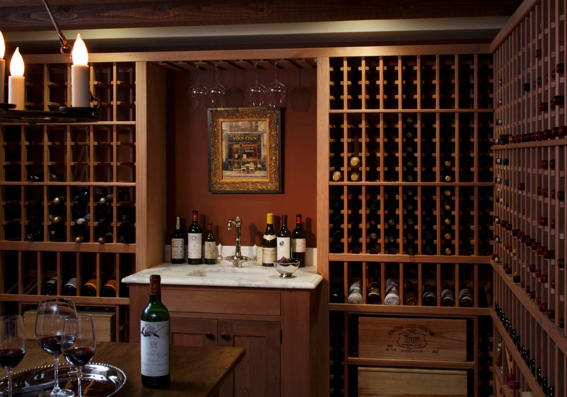 Redwood wine rack in the wine cellar.