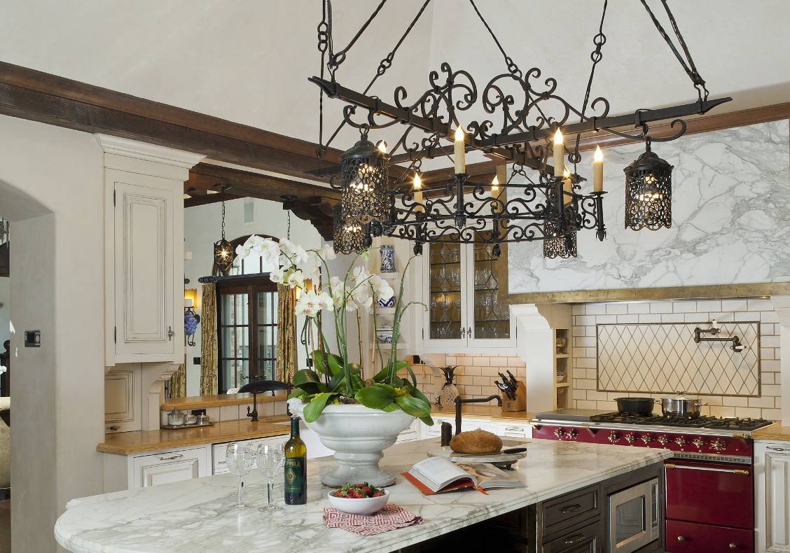 Carrara Calacatta marble top kitchen island.