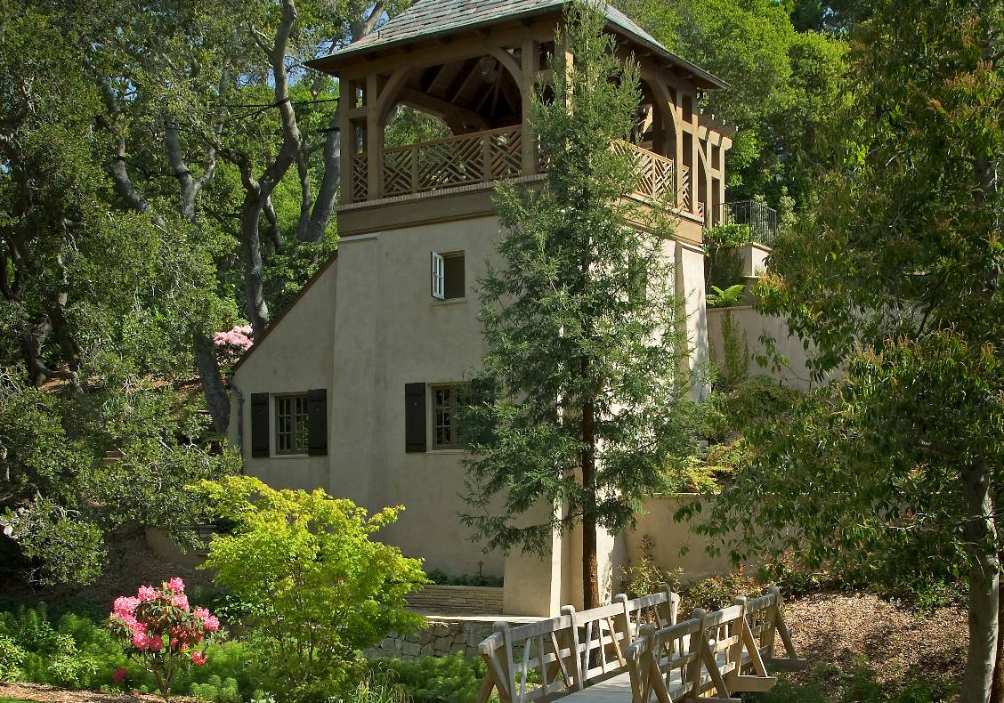 The new tower gazebo was constructed on the footings of a demolished orchid conservatory.