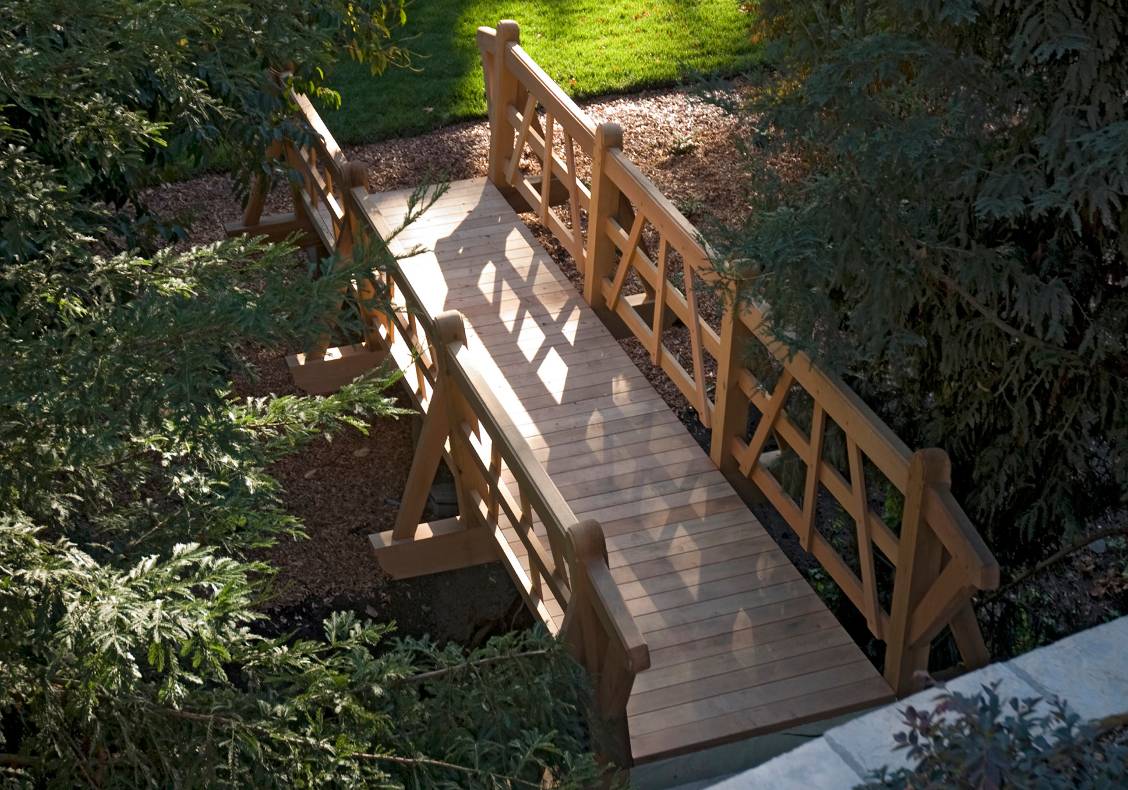 An artfully crafted wooden bridge