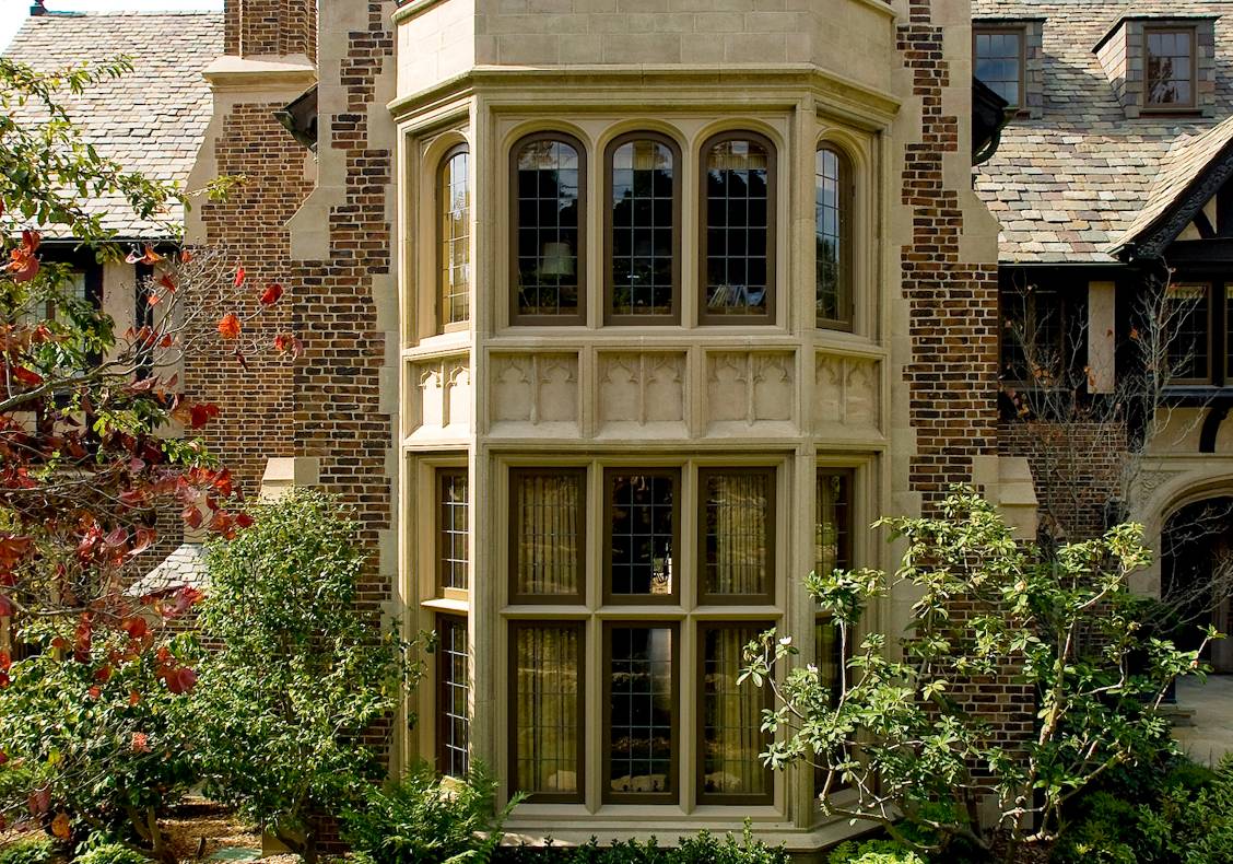 This handsome stone and brick bay gives character not only to the outside of the estate, but also to the inside, allowing large windows to open up the rooms within.